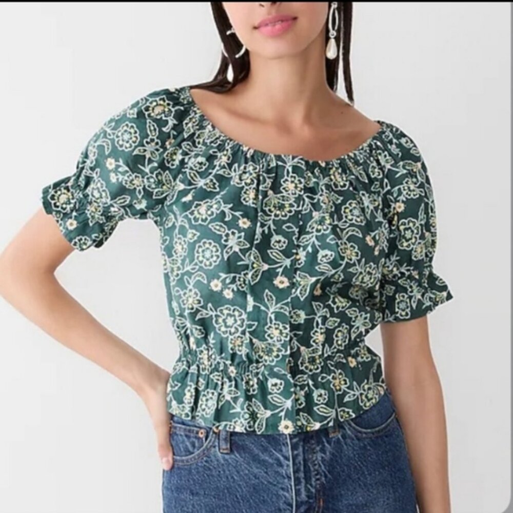 J.CREW Boho Floral‎ Peplum Ruffle Short Sleeve Peasant Button Up Cropped Top S